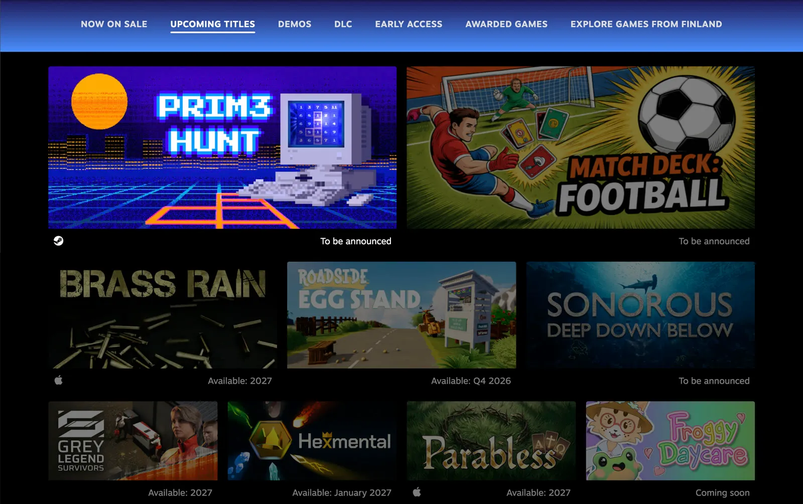Prim3 Hunt under Upcoming Titles on the Finnish Games Week 2026 page on Steam
